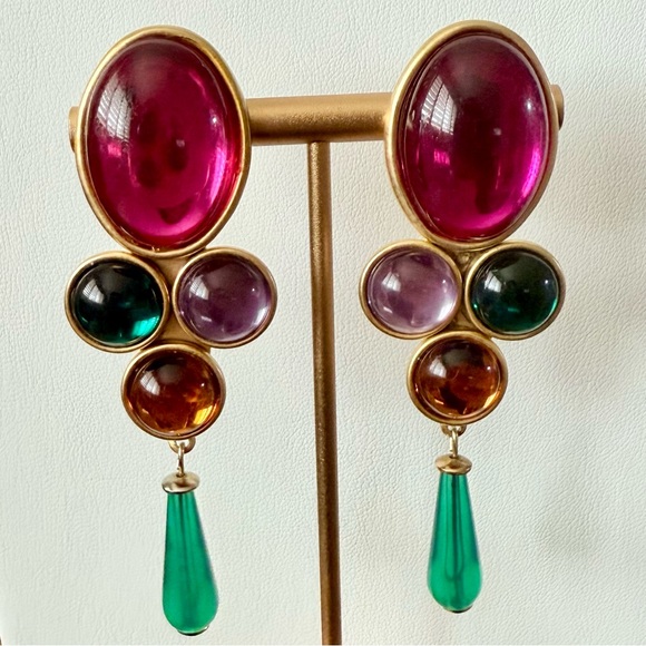 Vintage 80s Acrylic Matte Gold Dangle Cabochon Clip on Earrings Multicolor Drop - Picture 4 of 12